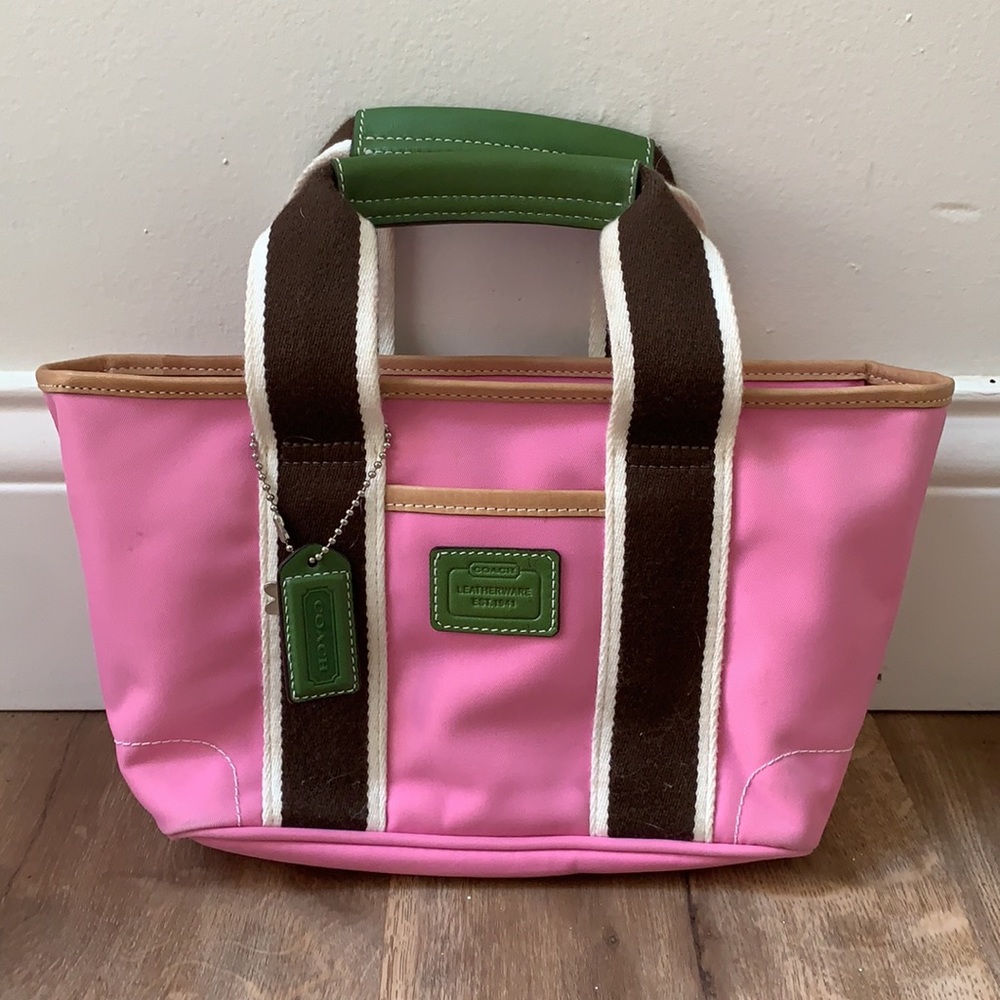 Coach Pink Brown Mini Hamptons Nylon Tote Bag